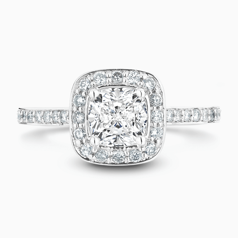 The Ecksand Diamond Halo Engagement Ring with Bright-Cut Diamond Band shown with Cushion in 18k White Gold