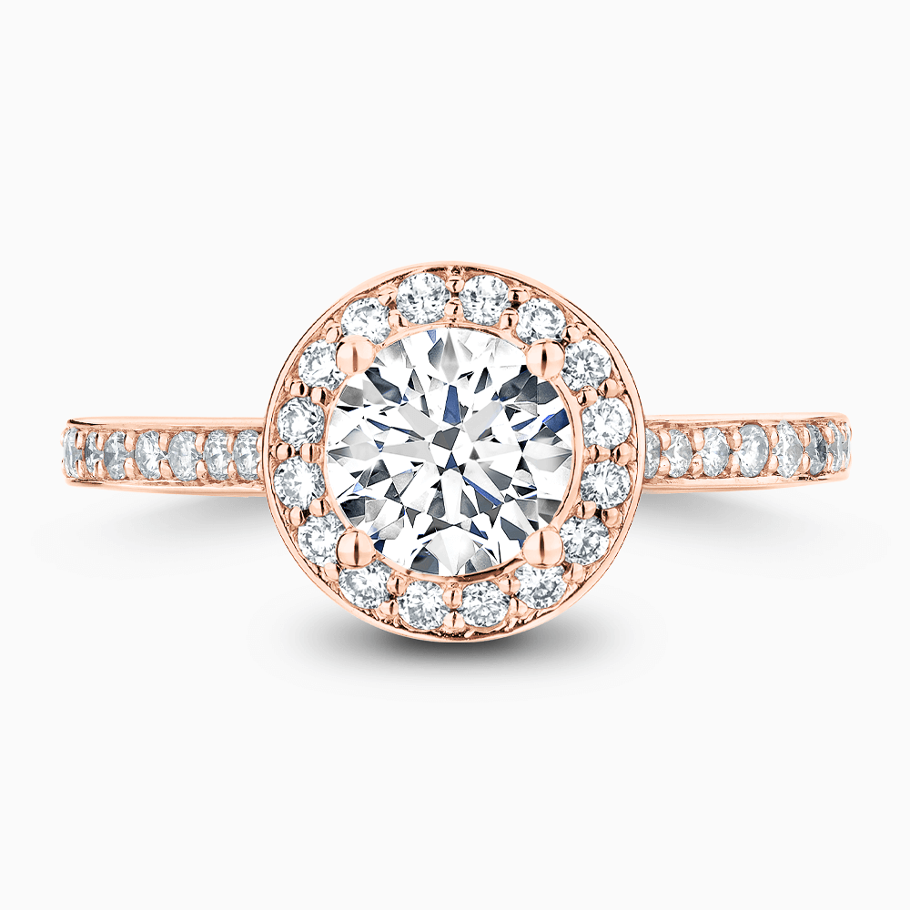 The Ecksand Diamond Halo Engagement Ring with Bright-Cut Diamond Band shown with Round in 14k Rose Gold
