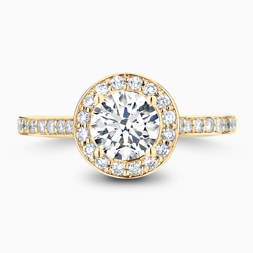 The Ecksand Diamond Halo Engagement Ring with Bright-Cut Diamond Band shown with Round in 18k Yellow Gold