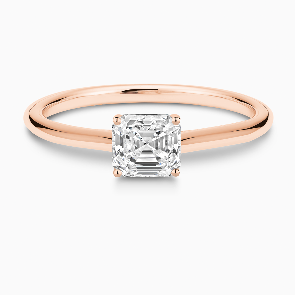 The Ecksand Iconic Diamond Engagement Ring with Diamond Bridge and Cathedral Setting shown with Asscher in 14k Rose Gold