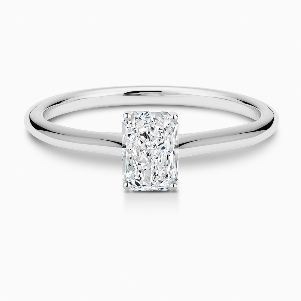 The Ecksand Thick Diamond Engagement Ring with Diamond Bridge and Cathedral Setting shown with Radiant in 18k White Gold
