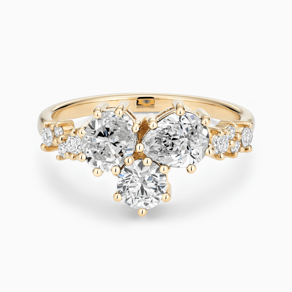 The Ecksand Diamond Cluster Engagement Ring with Side Diamonds shown with Natural VS2+/ F+ in 18k Yellow Gold