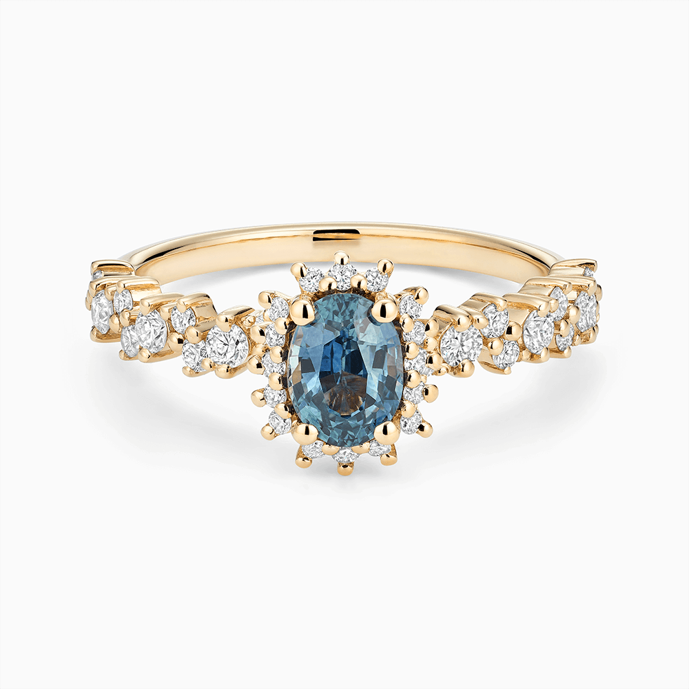 The Ecksand Blue Sapphire Engagement Ring with Side Diamonds shown with Lab-grown VS2+/ F+ in 18k Yellow Gold