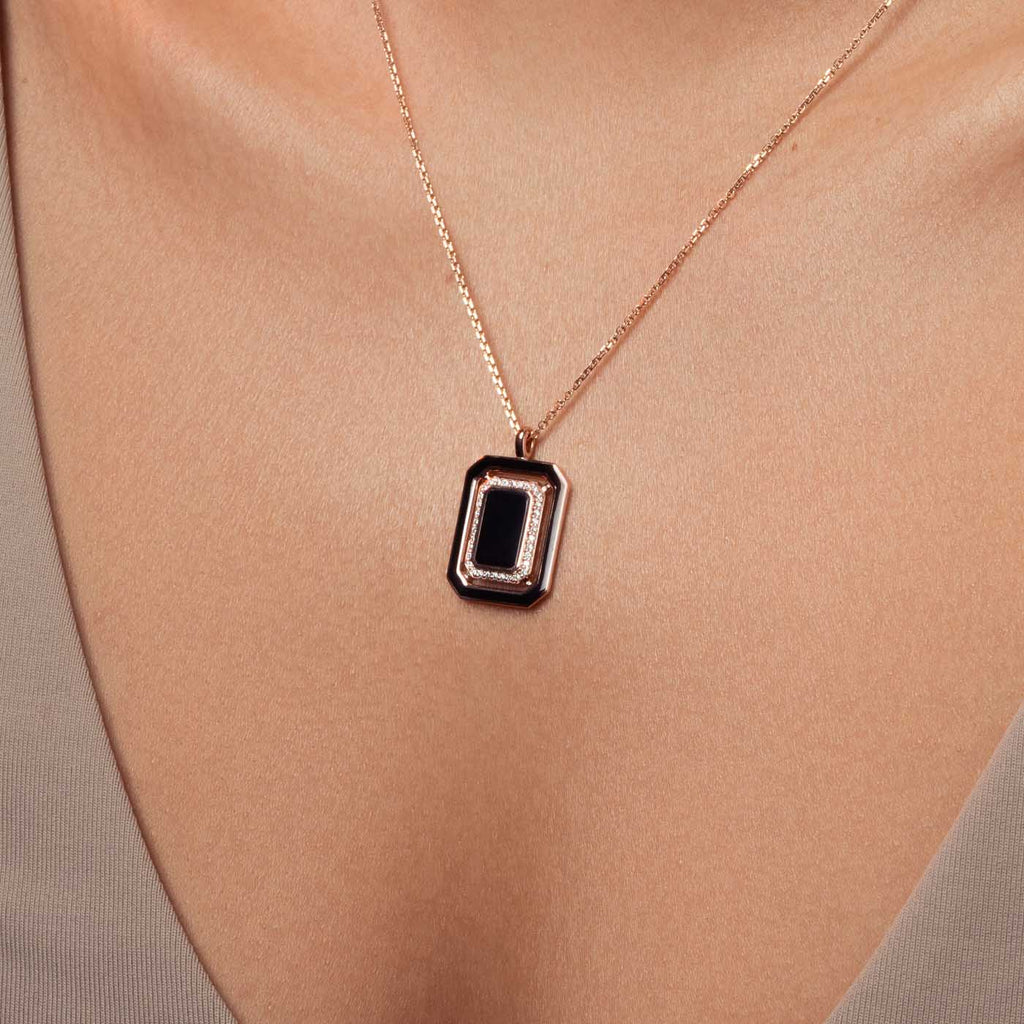 The Ecksand Geometric Black Enamel Necklace with Diamond Pavé shown with  in 