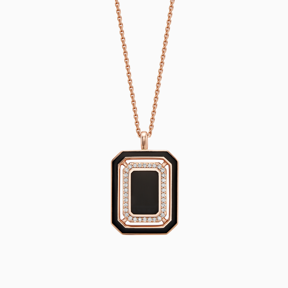 The Ecksand Geometric Black Enamel Necklace with Diamond Pavé shown with Natural VS2+/ F+ in 14k Rose Gold