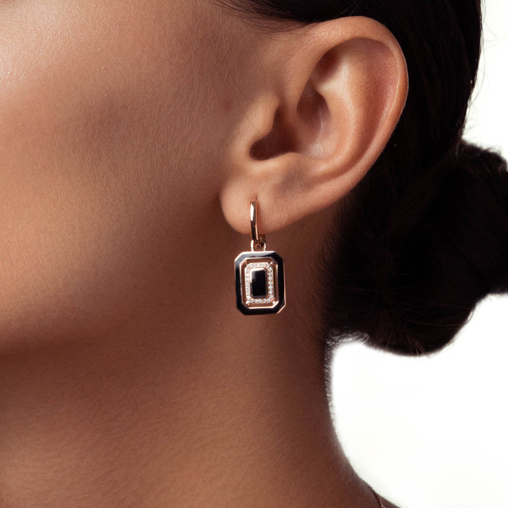 The Ecksand Geometric Black Enamel Dangle Earrings with Diamond Pavé shown with  in 
