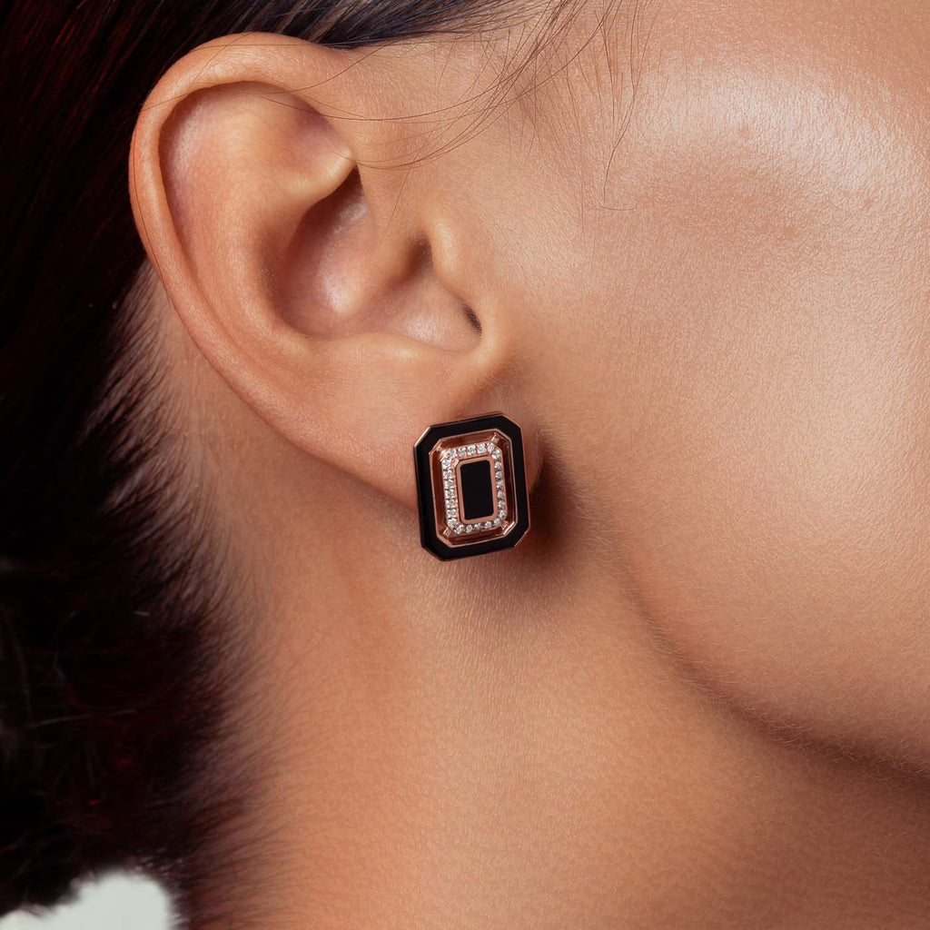The Ecksand Geometric Black Enamel Earrings with Diamond Pavé shown with  in 