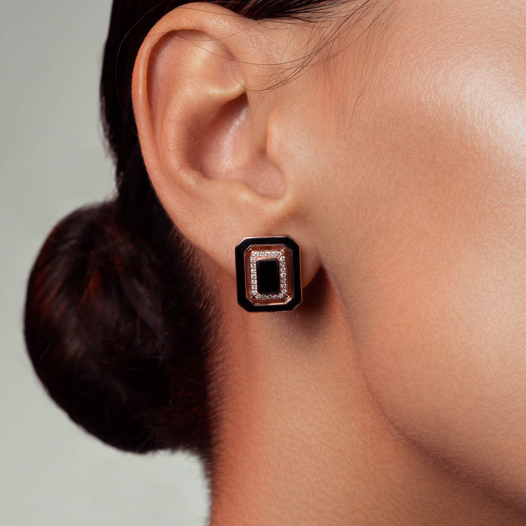 The Ecksand Geometric Black Enamel Earrings with Diamond Pavé shown with  in 