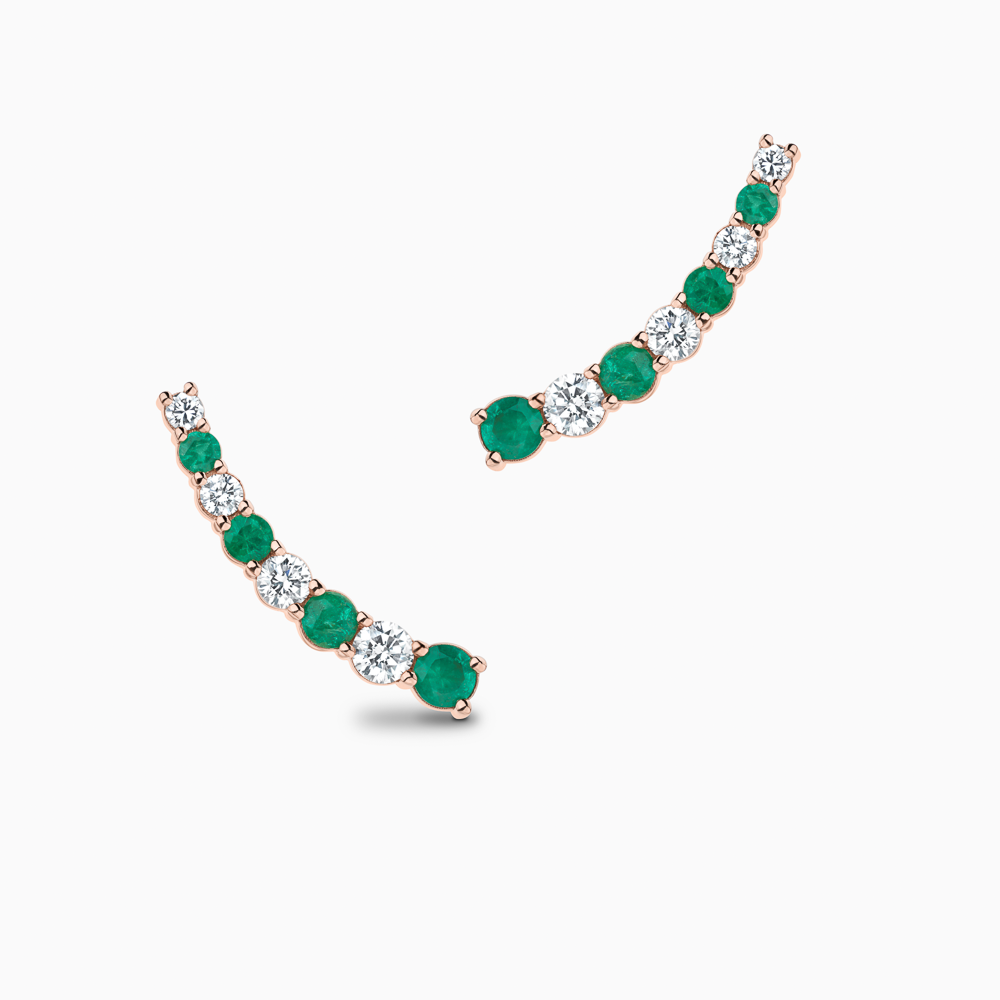 The Ecksand Cascading Emerald and Diamond Crawler Earrings shown with Natural VS2+/ F+ in 14k Rose Gold