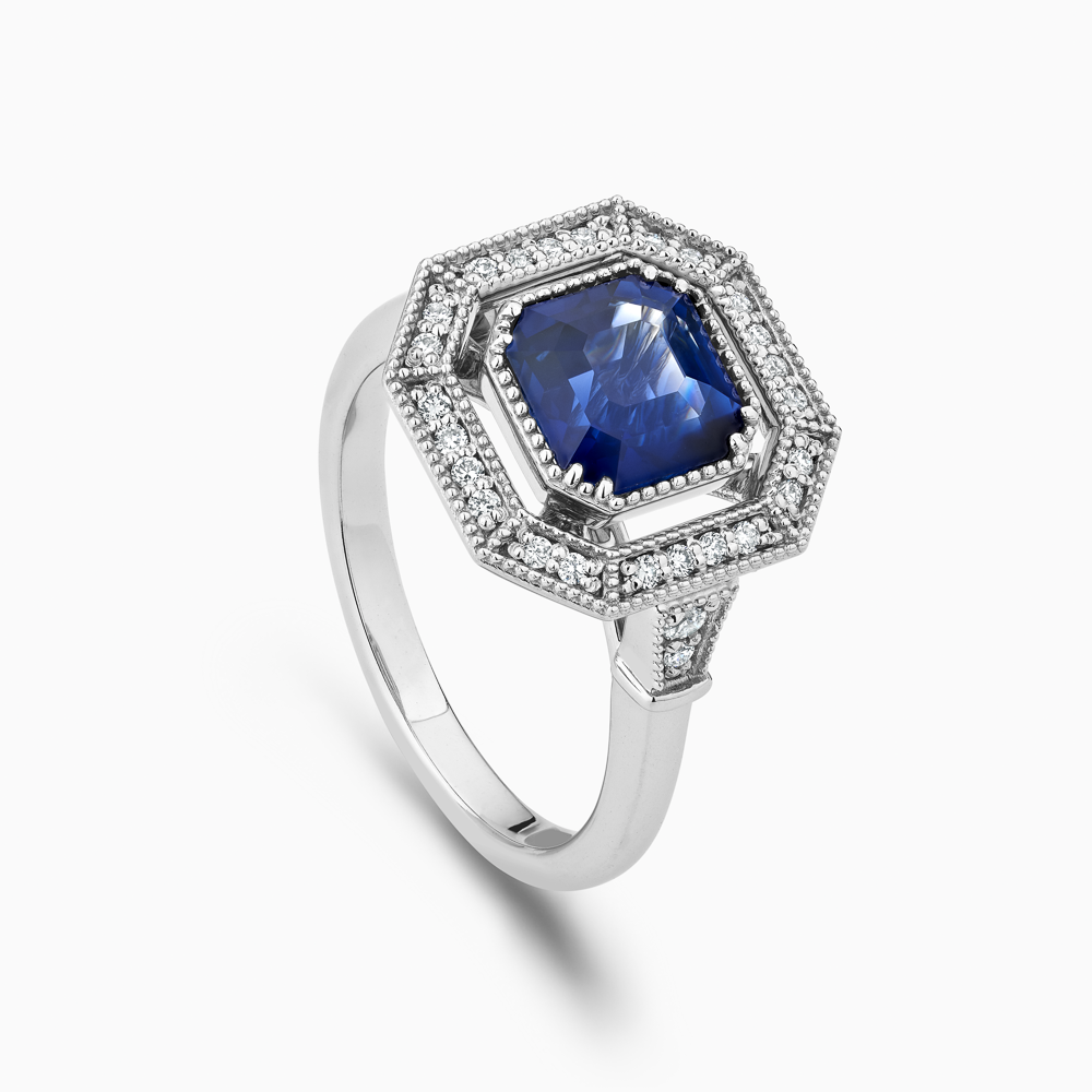 The Ecksand Art-Deco Diamond Halo Engagement Ring with Centre Blue Sapphire shown with  in 