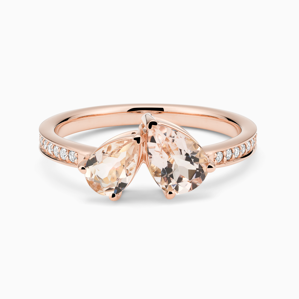 The Ecksand Two-Stone Pear-Cut Morganite Engagement Ring with Diamond Pavé shown with  in 14k Rose Gold