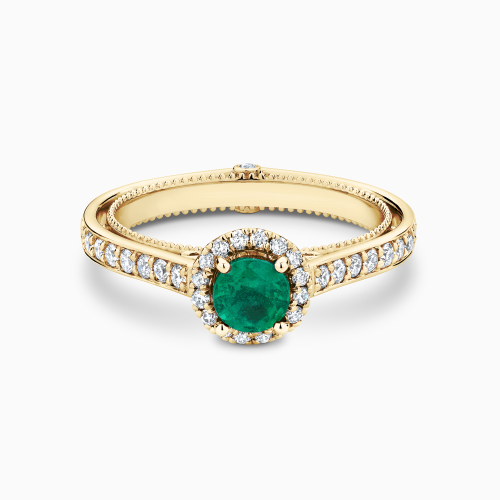 The Ecksand Double Band Diamond Halo Engagement Ring with Centre Emerald shown with  in 18k Yellow Gold