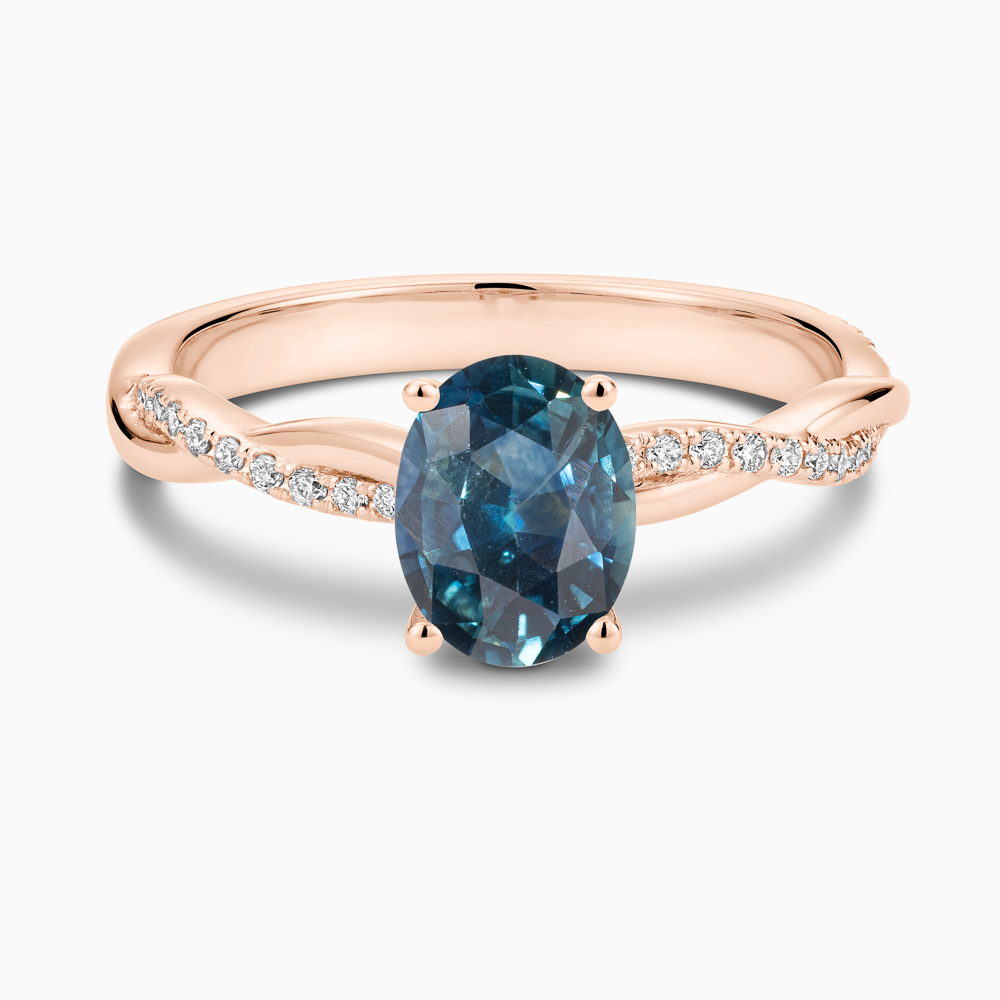 The Ecksand Blue Sapphire Engagement Ring with Secret Heart and Twisted Diamond Band shown with  in 14k Rose Gold