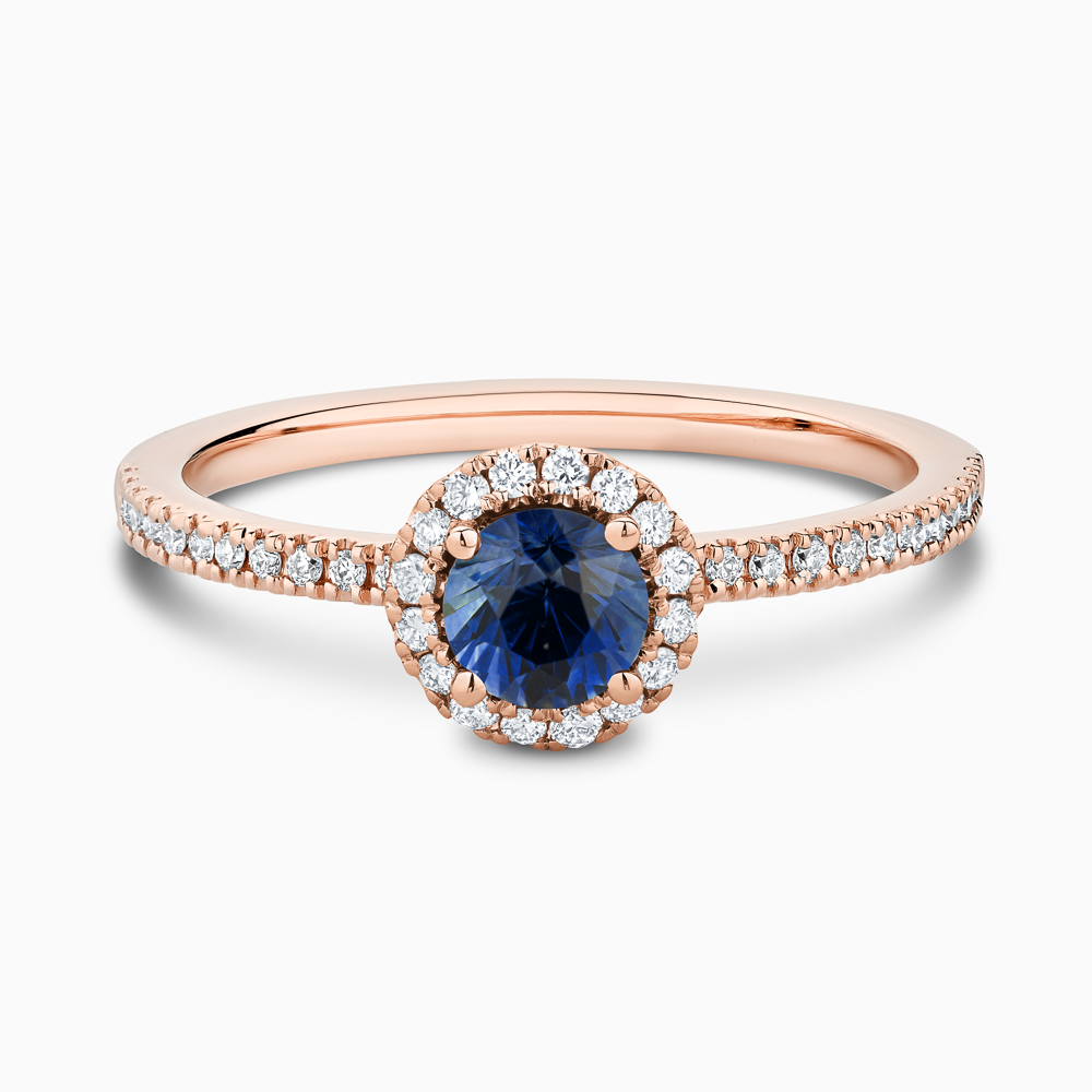 The Ecksand Diamond Halo Engagement Ring with Centre Blue Sapphire shown with  in 14k Rose Gold