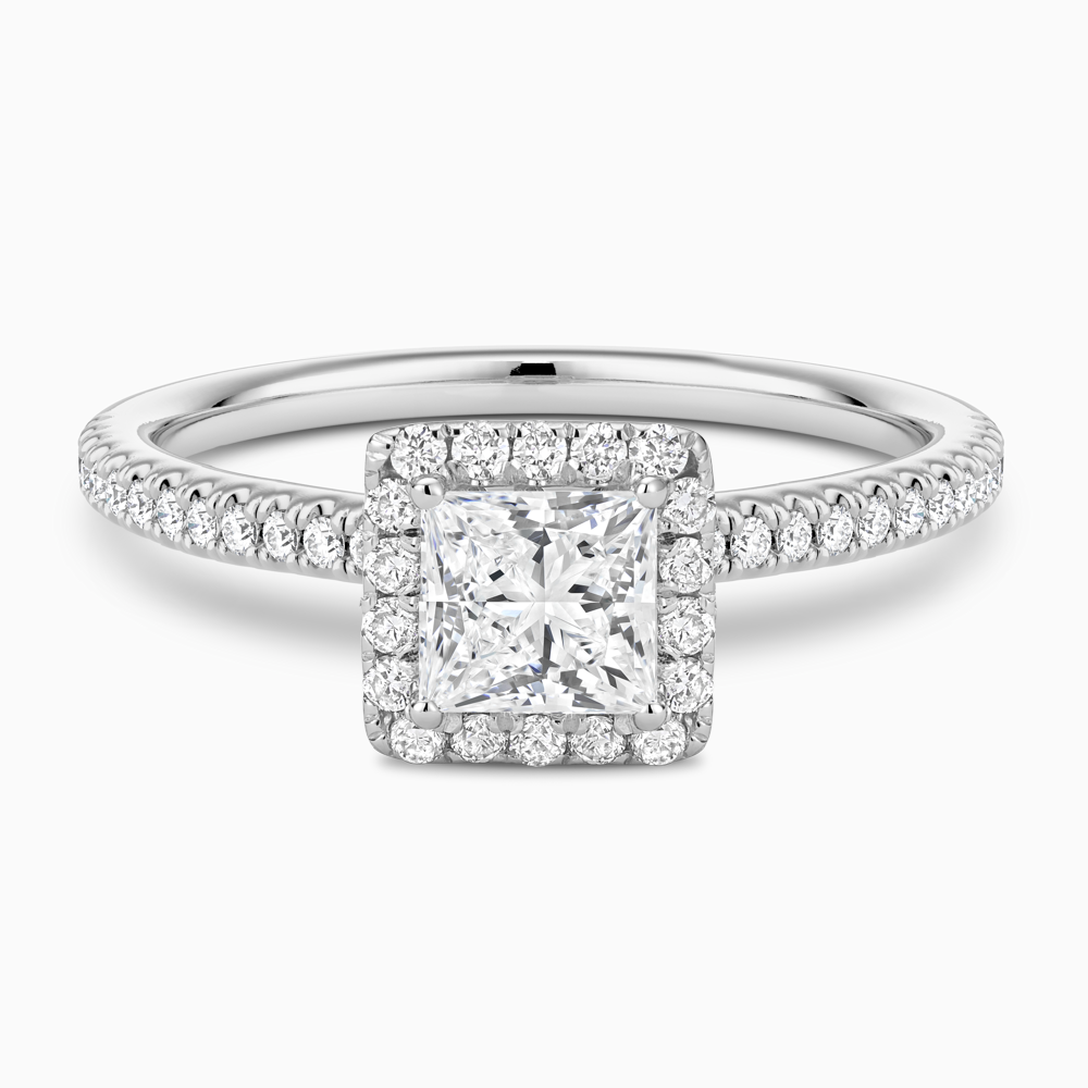 The Ecksand Diamond Halo Engagement Ring with Diamond Band shown with Princess in Platinum