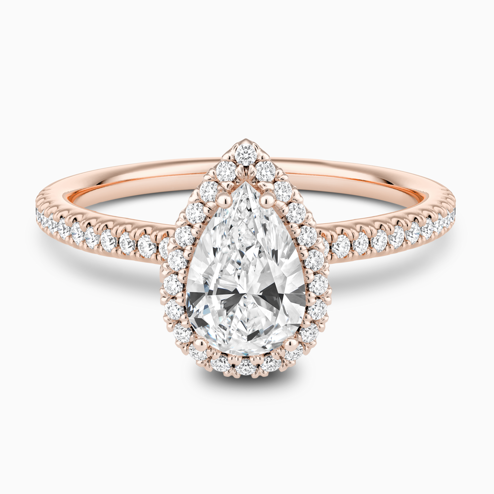 The Ecksand Diamond Halo Engagement Ring with Diamond Band shown with Pear in 14k Rose Gold