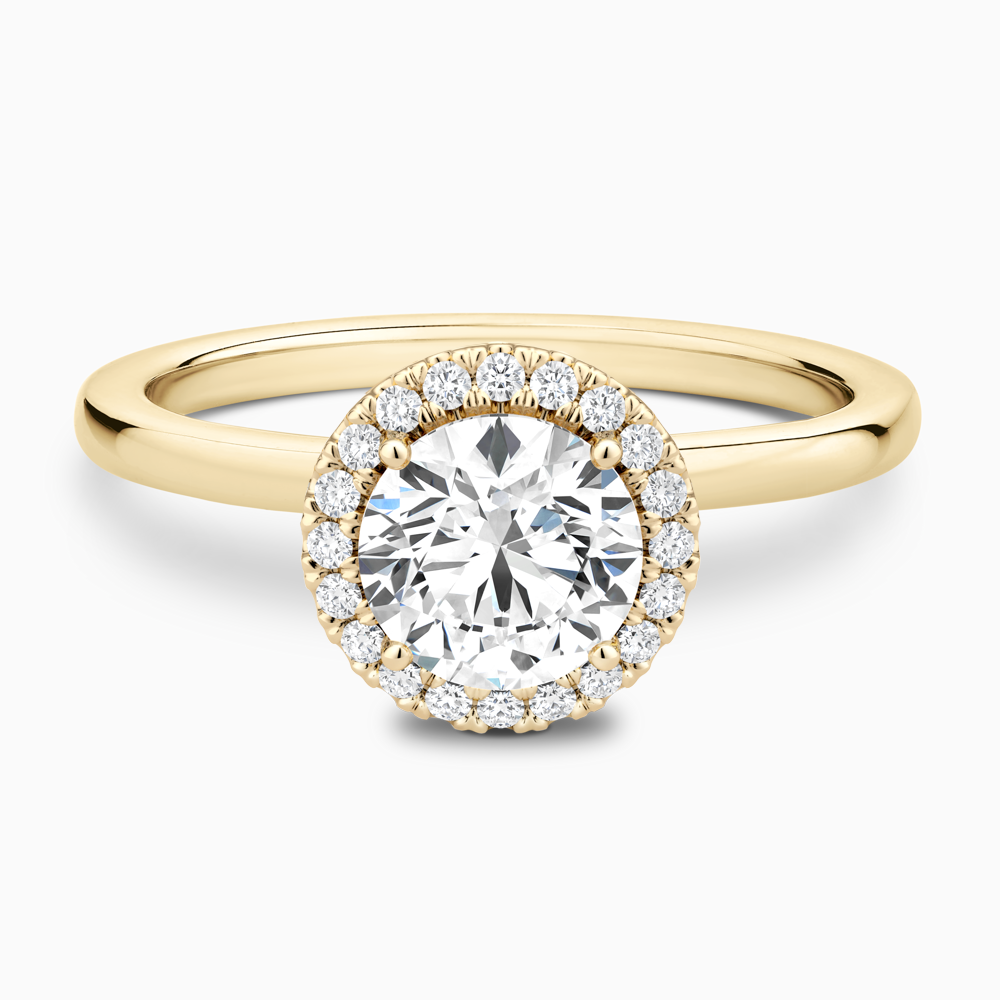 The Ecksand Iconic Diamond Halo Engagement Ring with Plain Band shown with Round in 18k Yellow Gold