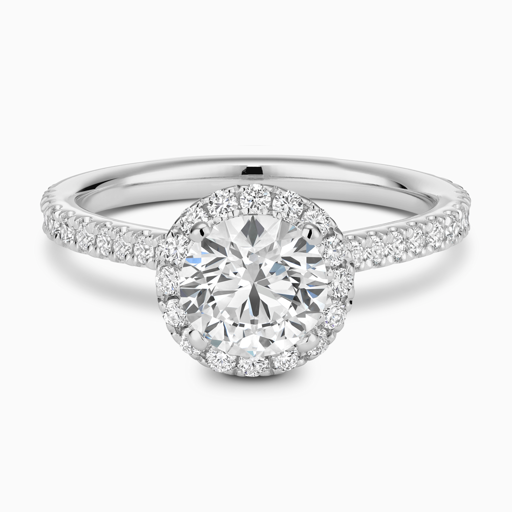 The Ecksand Iconic Diamond Engagement Ring with Halo and Diamond Pavé shown with Round in Platinum
