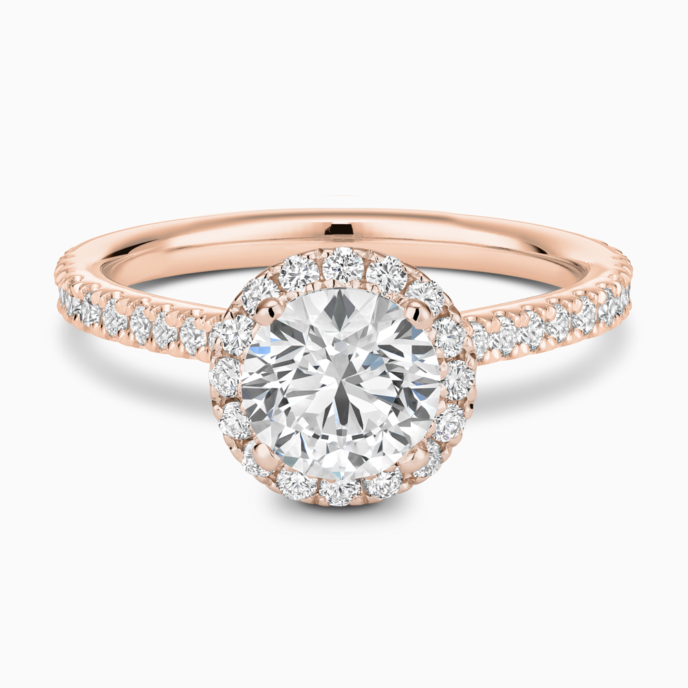 The Ecksand Iconic Diamond Engagement Ring with Halo and Diamond Pavé shown with Round in 14k Rose Gold