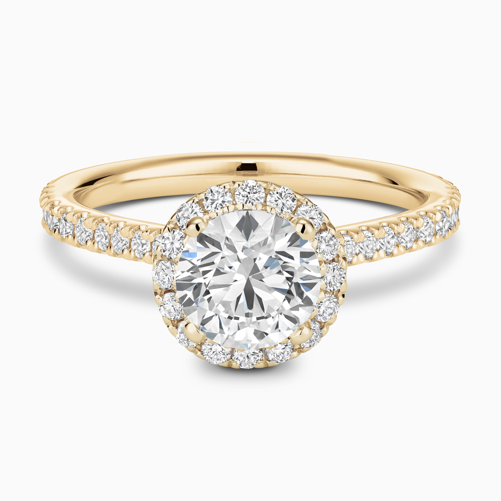 The Ecksand Iconic Diamond Engagement Ring with Halo and Diamond Pavé shown with Round in 18k Yellow Gold