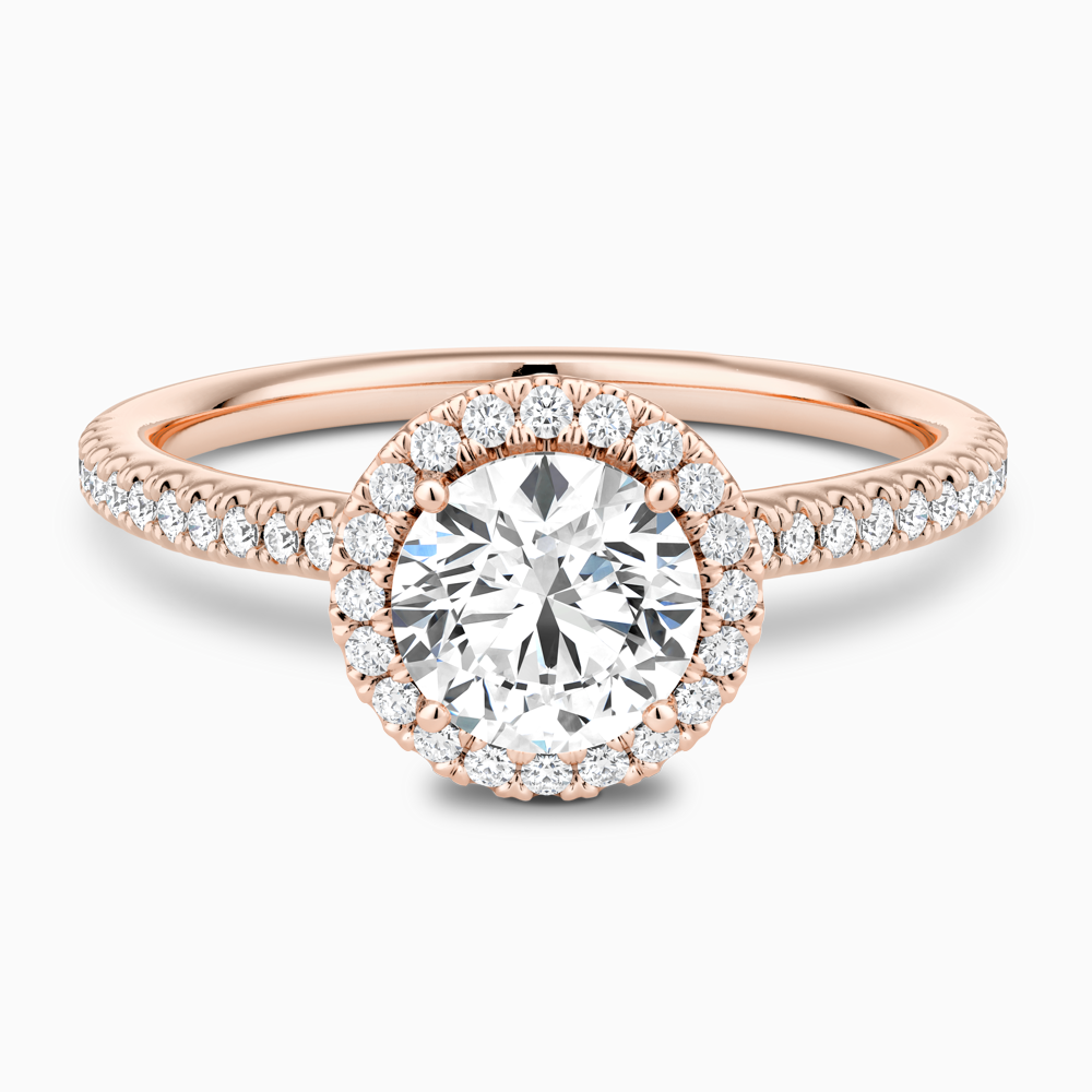 The Ecksand Diamond Halo Engagement Ring with Diamond Band shown with Round in 14k Rose Gold