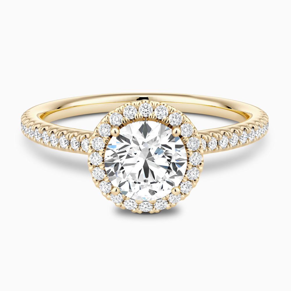 The Ecksand Diamond Halo Engagement Ring with Diamond Band shown with Round in 18k Yellow Gold
