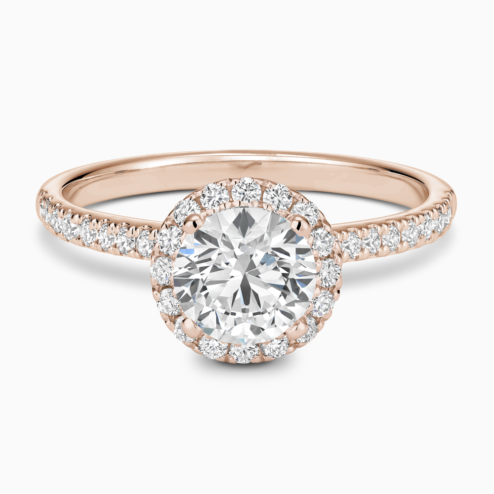 The Ecksand Diamond Engagement Ring with Diamond Halo, Pavé and Bridge shown with Round in 14k Rose Gold