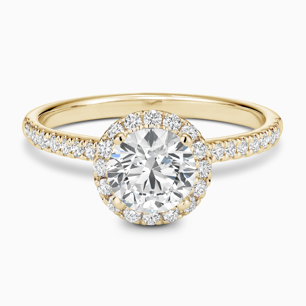 The Ecksand Diamond Engagement Ring with Diamond Halo, Pavé and Bridge shown with Round in 18k Yellow Gold
