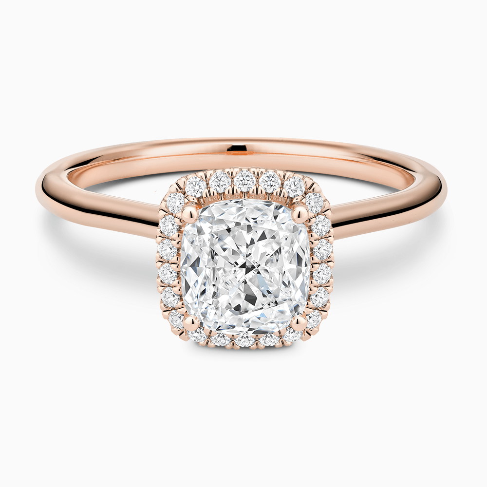 The Ecksand Cathedral-Setting Engagement Ring with Diamond Halo shown with Cushion in 14k Rose Gold