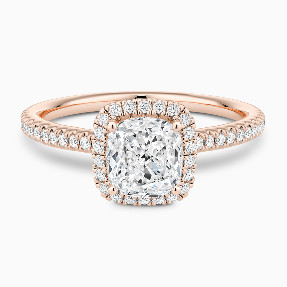 The Ecksand Diamond Halo Engagement Ring with Diamond Band shown with Cushion in 14k Rose Gold