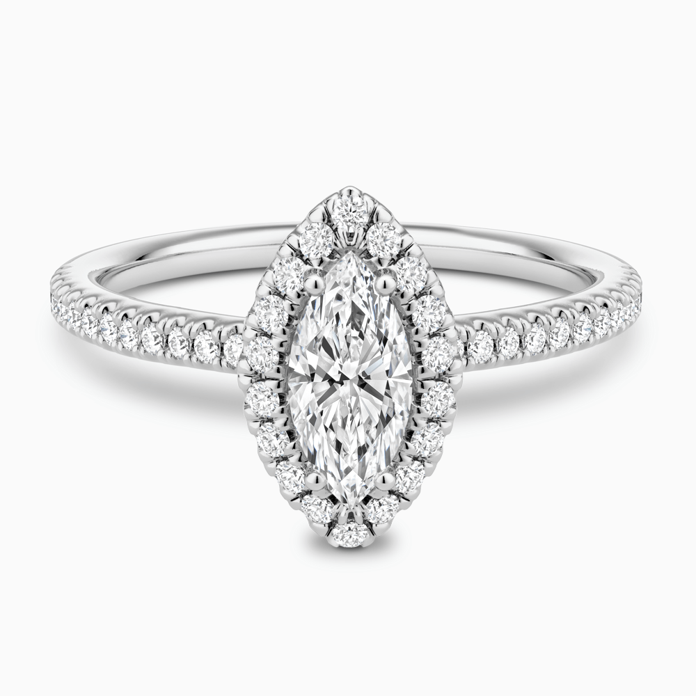 The Ecksand Diamond Halo Engagement Ring with Diamond Band shown with Marquise in 18k White Gold