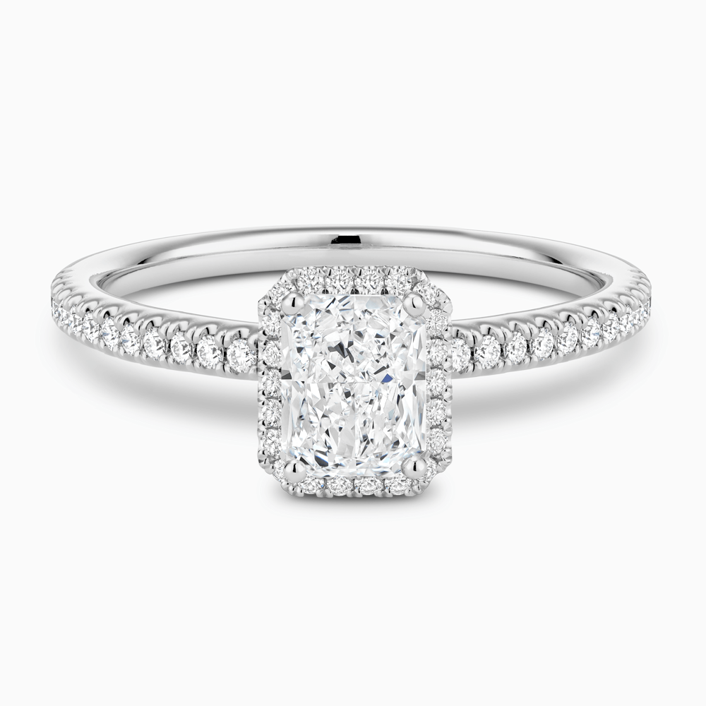 The Ecksand Diamond Halo Engagement Ring with Diamond Band shown with Radiant in Platinum