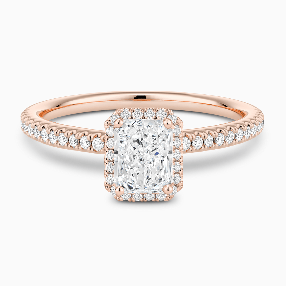 The Ecksand Diamond Halo Engagement Ring with Diamond Band shown with Radiant in 14k Rose Gold