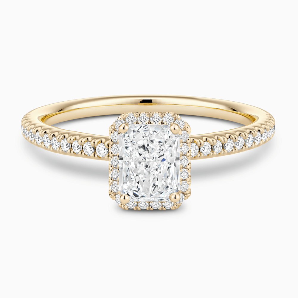 The Ecksand Diamond Halo Engagement Ring with Diamond Band shown with Radiant in 18k Yellow Gold