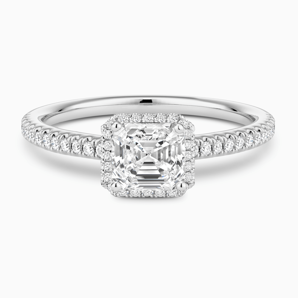 The Ecksand Diamond Halo Engagement Ring with Diamond Band shown with Asscher in Platinum