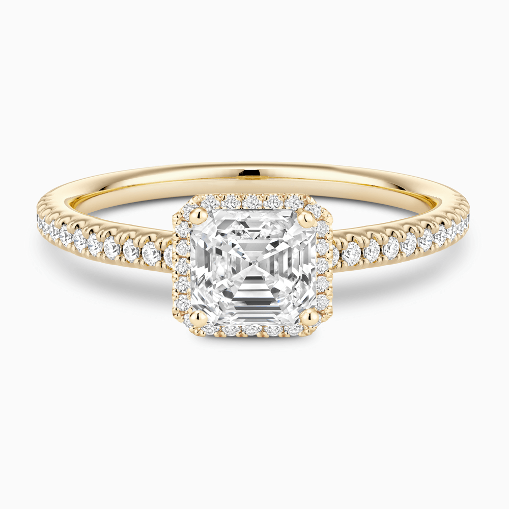 The Ecksand Diamond Halo Engagement Ring with Diamond Band shown with Asscher in 18k Yellow Gold