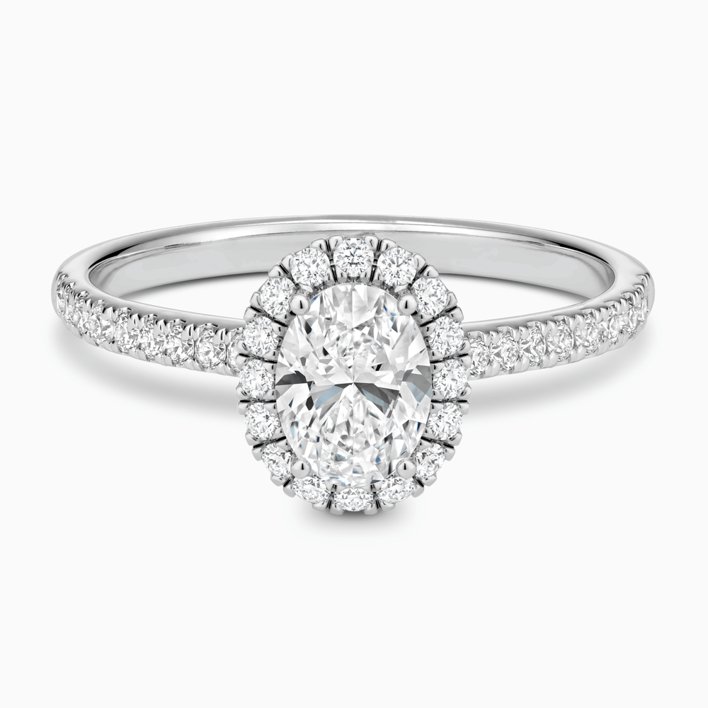 The Ecksand Diamond Engagement Ring with Diamond Halo, Pavé and Bridge shown with Oval in Platinum