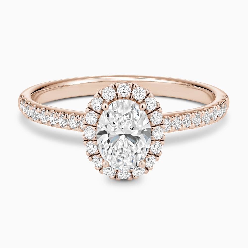 The Ecksand Diamond Engagement Ring with Diamond Halo, Pavé and Bridge shown with Oval in 14k Rose Gold