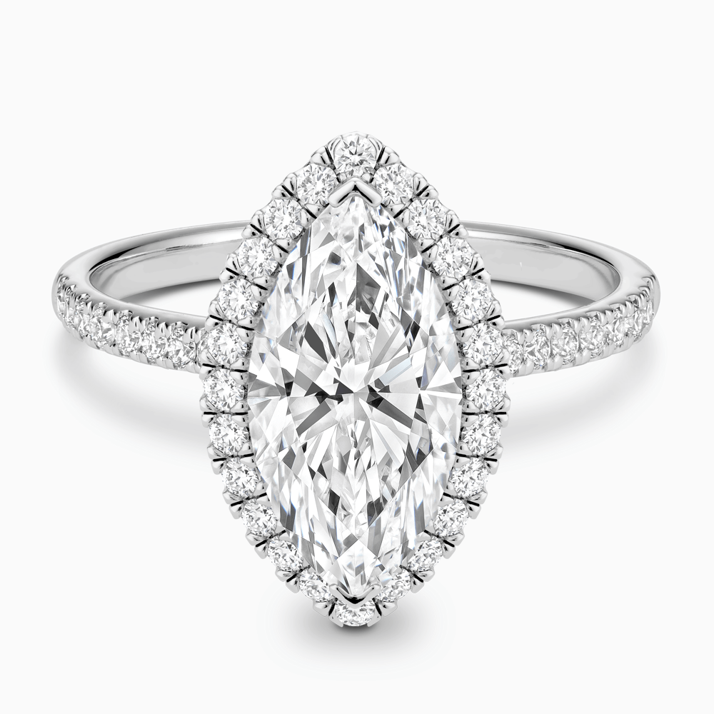The Ecksand Diamond Engagement Ring with Diamond Halo, Pavé and Bridge shown with Marquise in Platinum
