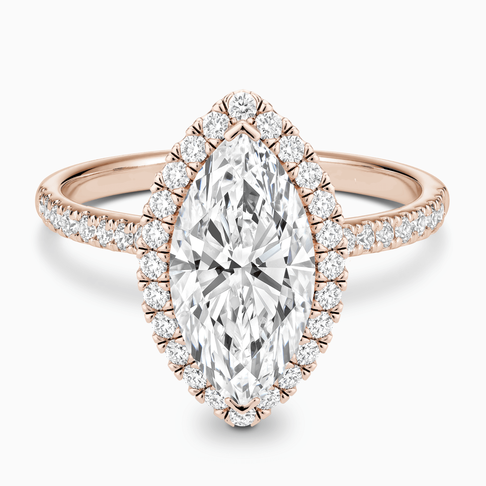 The Ecksand Diamond Engagement Ring with Diamond Halo, Pavé and Bridge shown with Marquise in 14k Rose Gold