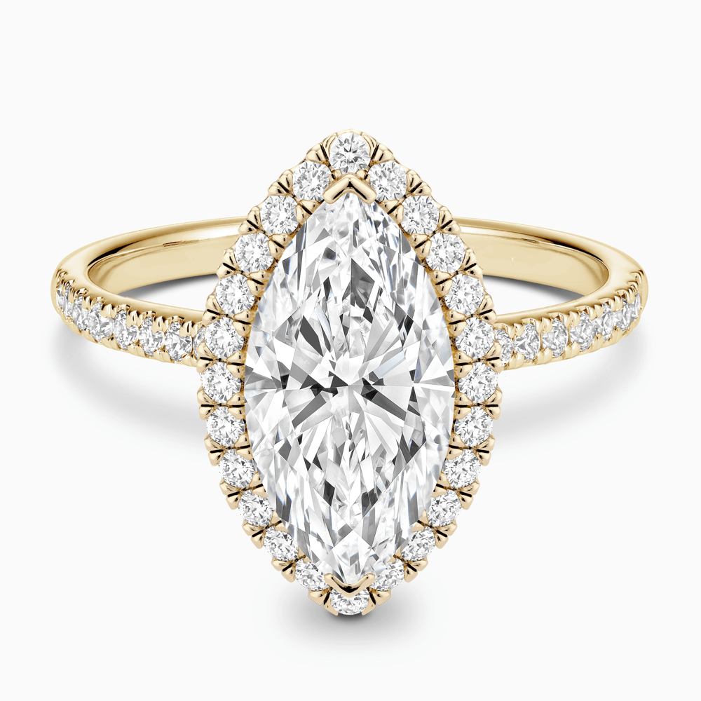 The Ecksand Diamond Engagement Ring with Diamond Halo, Pavé and Bridge shown with Marquise in 18k Yellow Gold