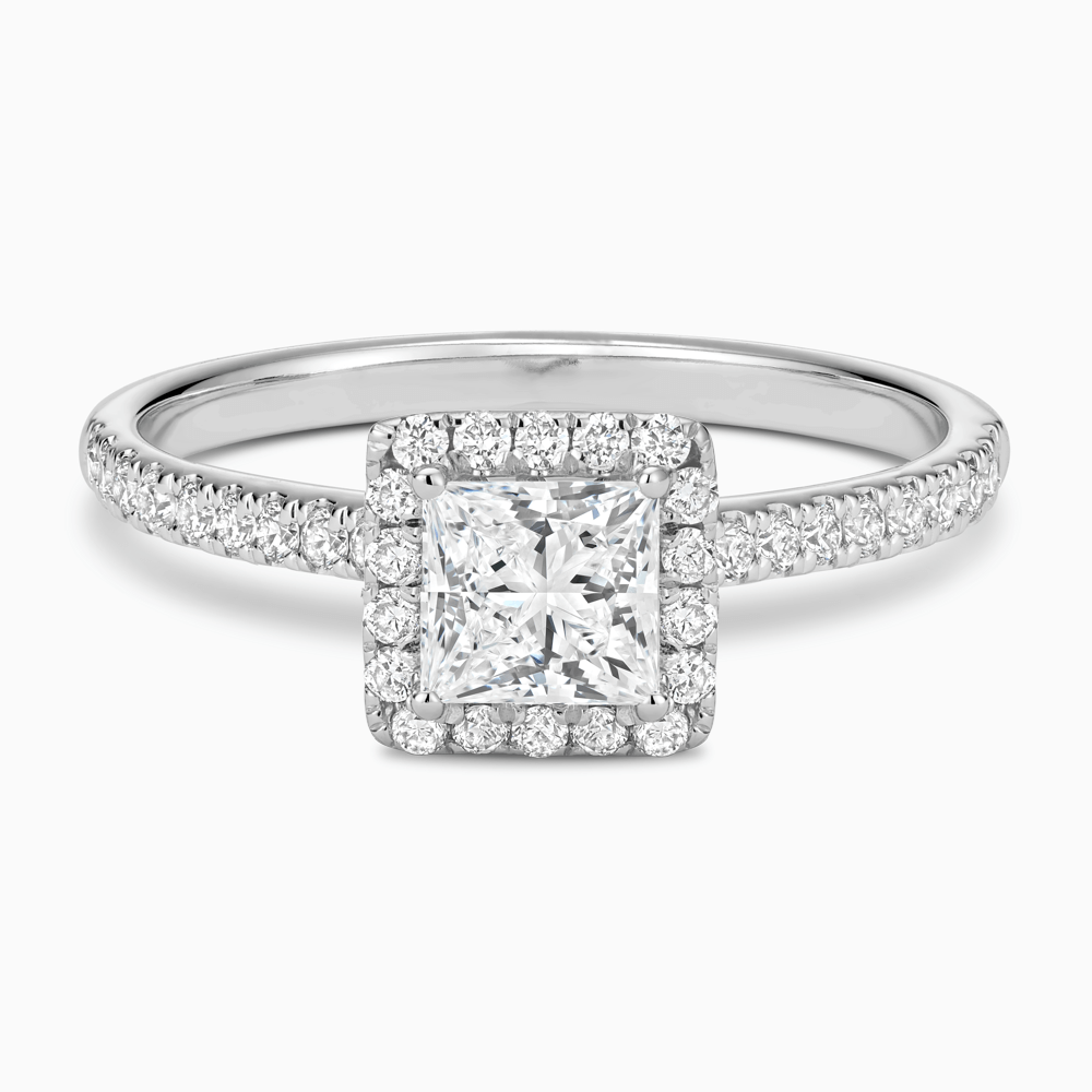 The Ecksand Diamond Engagement Ring with Diamond Halo, Pavé and Bridge shown with Princess in Platinum