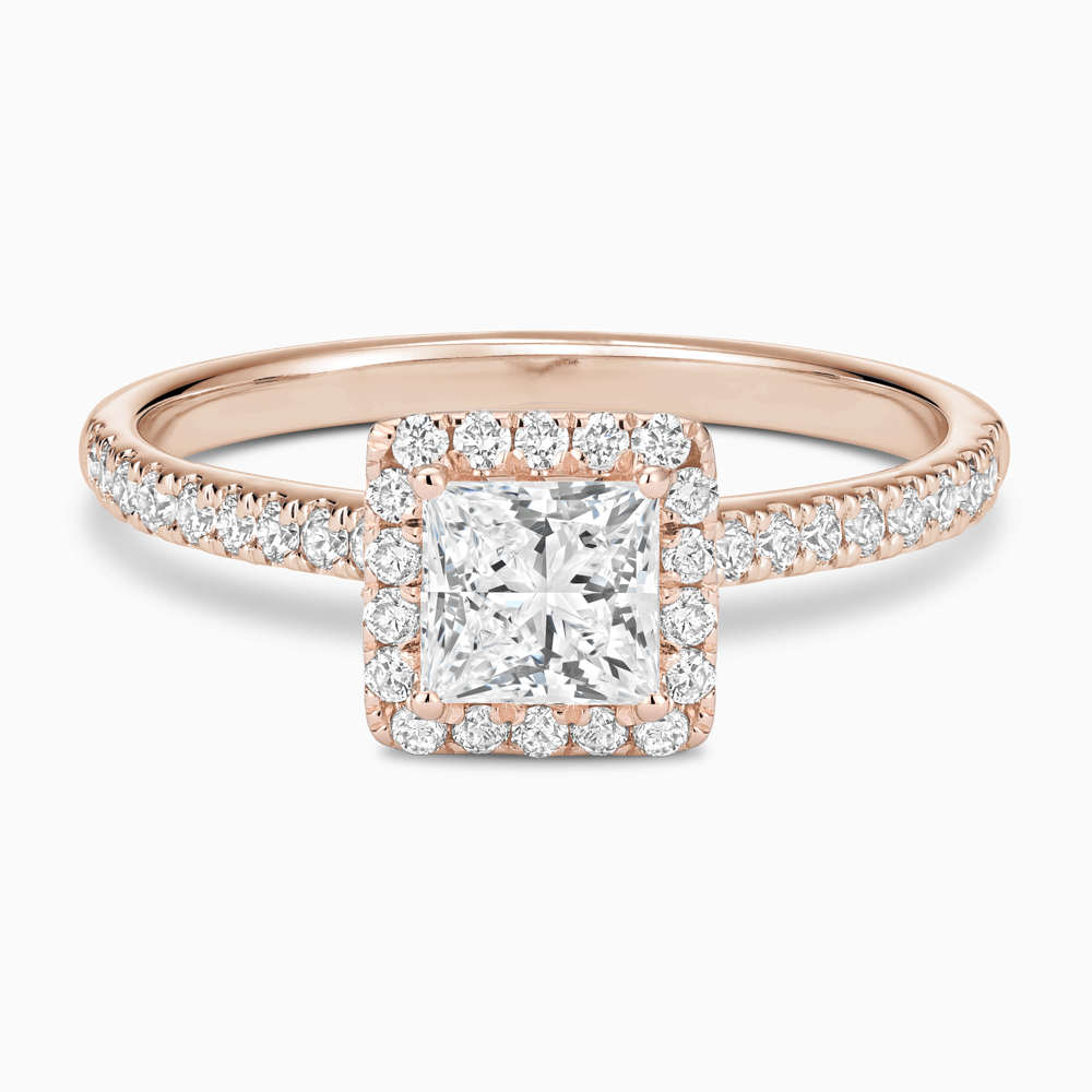 The Ecksand Diamond Engagement Ring with Diamond Halo, Pavé and Bridge shown with Princess in 14k Rose Gold