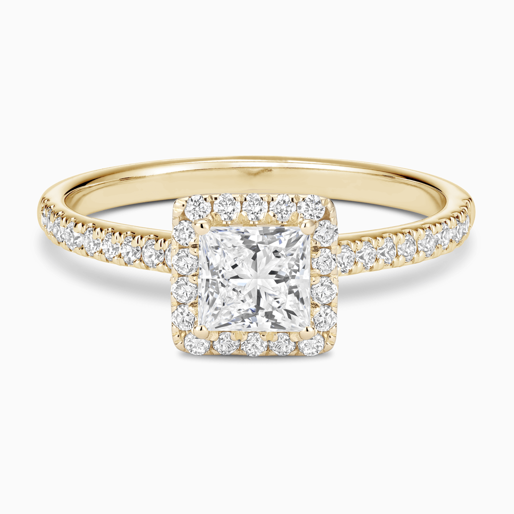 The Ecksand Diamond Engagement Ring with Diamond Halo, Pavé and Bridge shown with Princess in 18k Yellow Gold