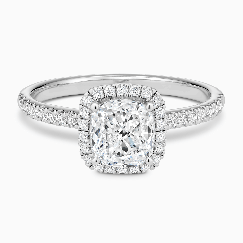 The Ecksand Diamond Engagement Ring with Diamond Halo, Pavé and Bridge shown with Cushion in Platinum