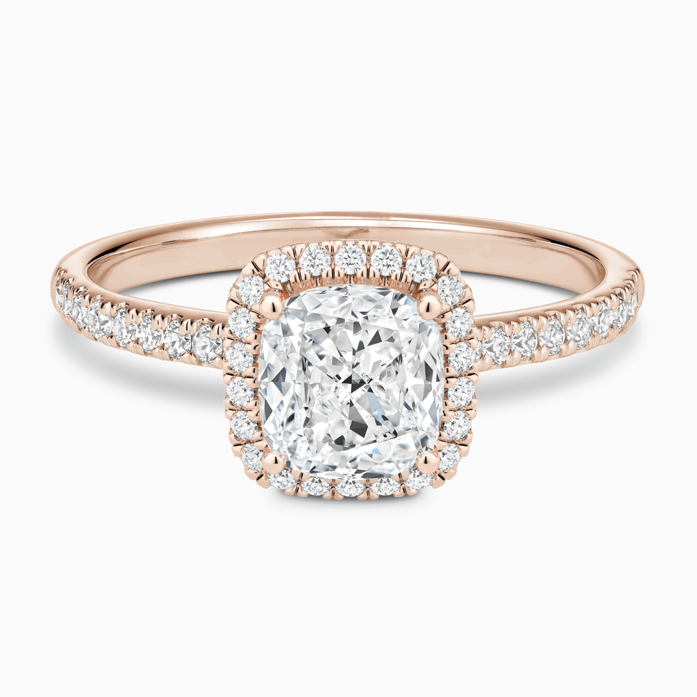 The Ecksand Diamond Engagement Ring with Diamond Halo, Pavé and Bridge shown with Cushion in 14k Rose Gold
