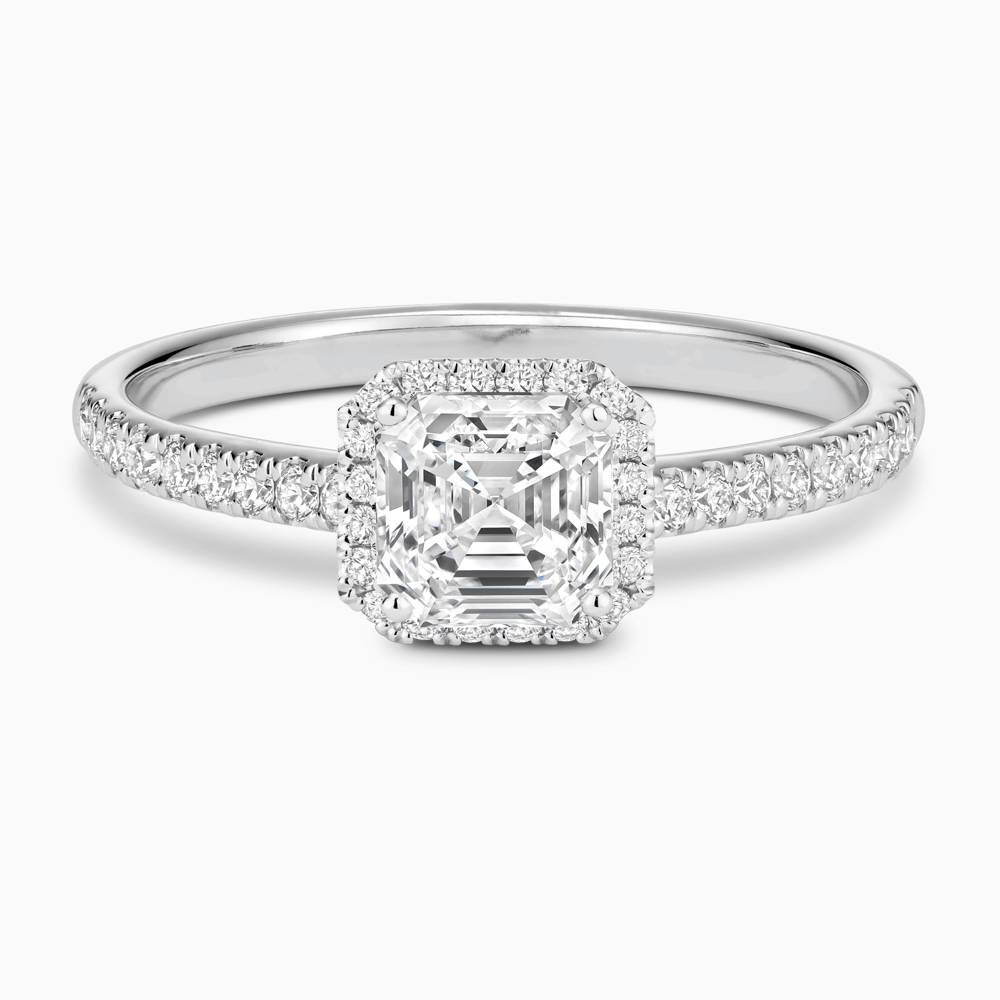 The Ecksand Diamond Engagement Ring with Diamond Halo, Pavé and Bridge shown with Asscher in Platinum