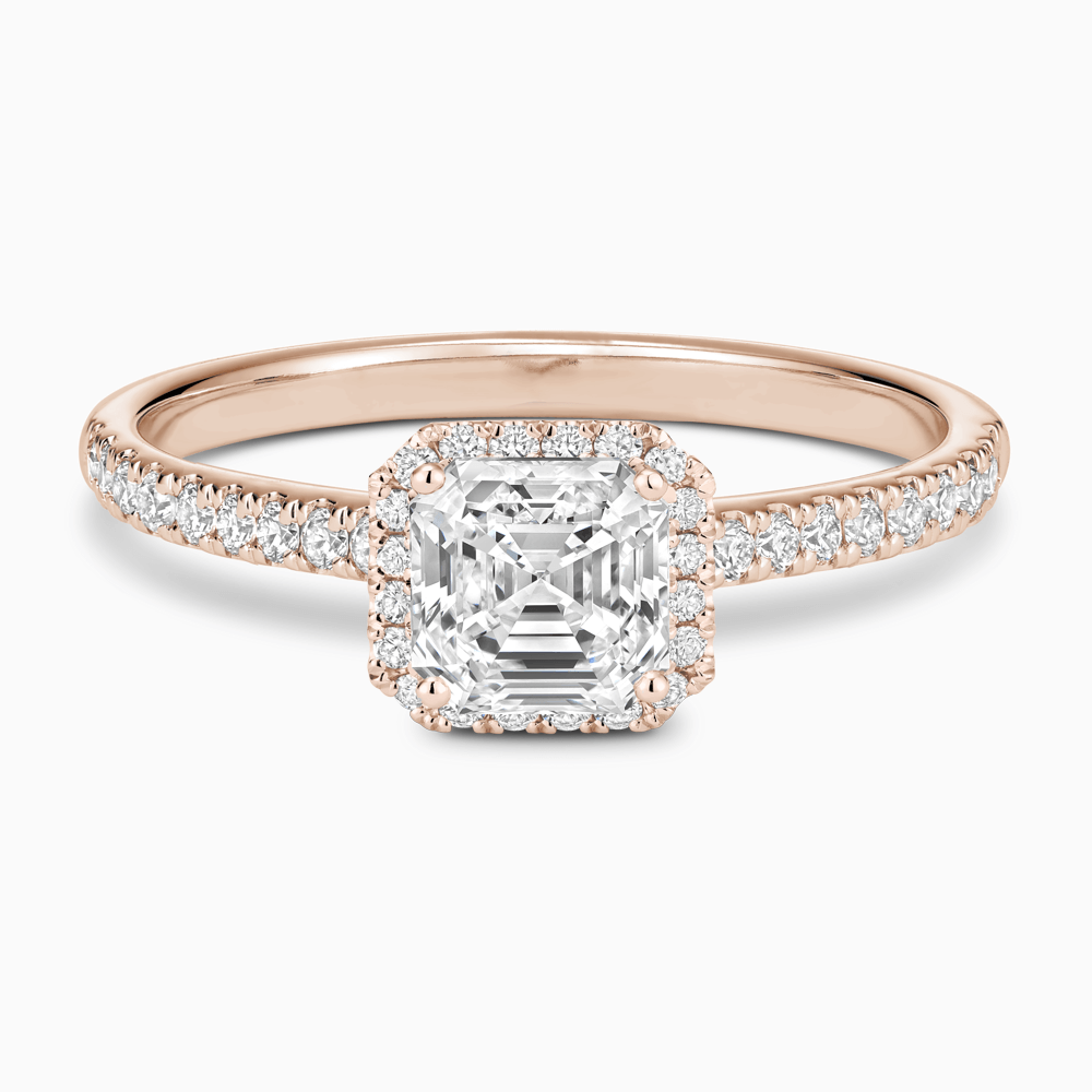 The Ecksand Diamond Engagement Ring with Diamond Halo, Pavé and Bridge shown with Asscher in 14k Rose Gold
