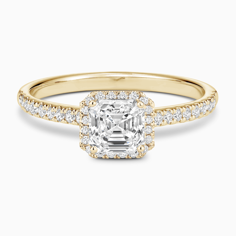 The Ecksand Diamond Engagement Ring with Diamond Halo, Pavé and Bridge shown with Asscher in 18k Yellow Gold