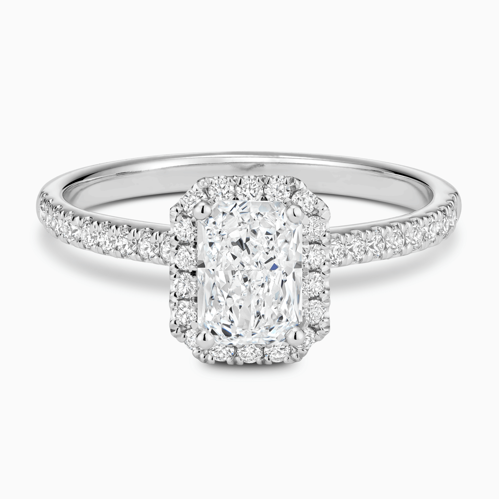 The Ecksand Diamond Engagement Ring with Diamond Halo, Pavé and Bridge shown with Radiant in Platinum